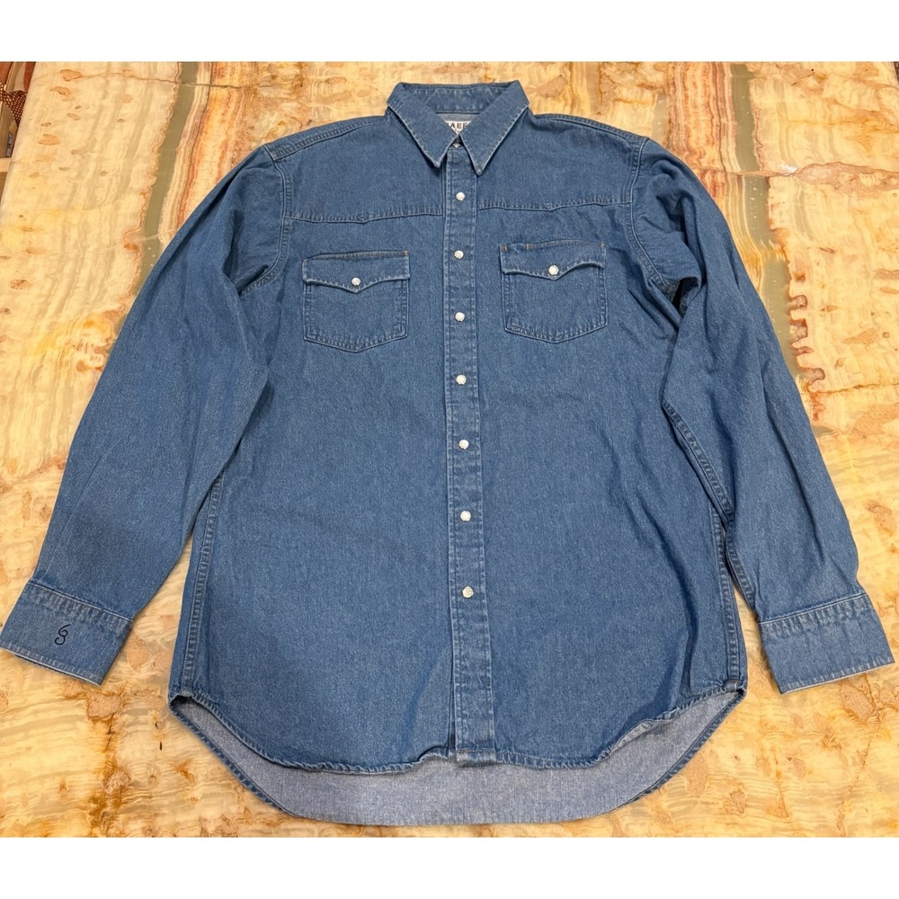 Vintage Schaefers Mens Button Up Shirt Blue 63 Ranch Collared USA Denim L